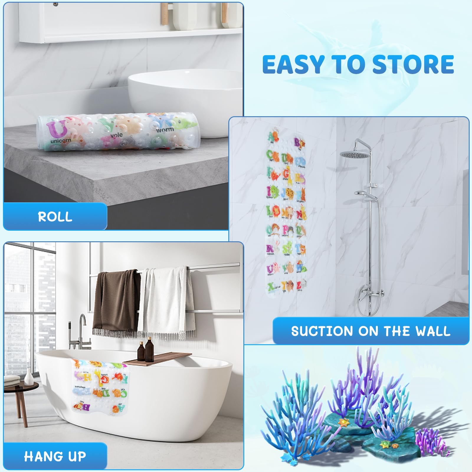 Baby Bath Mat For Tub For Kids, 40In X 16In Non Slip Cartoon Bath Tub Shower Mat Anti Slip With Drain Holes And Suction Cups Mac